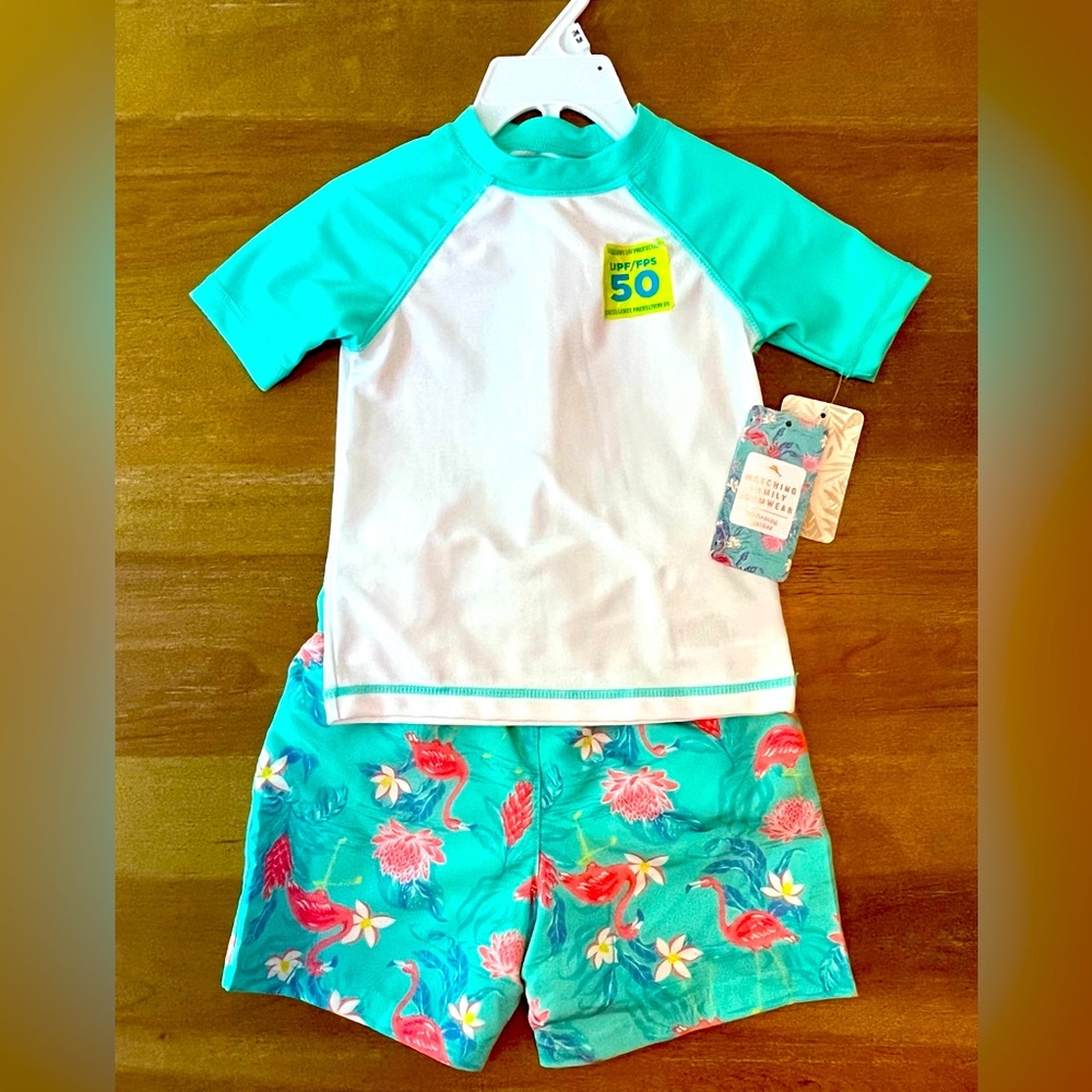 NWT Tommy Bahama Baby Boy Tropical Swim Trunk and Rash guard Set UPF 50 24 month